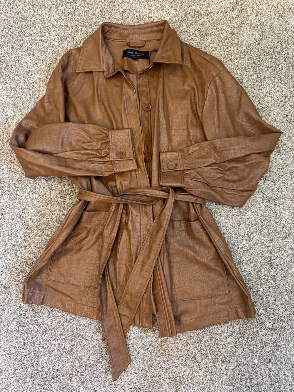 Brown Faux-Leather Belted Jacket w/ buttons, size small